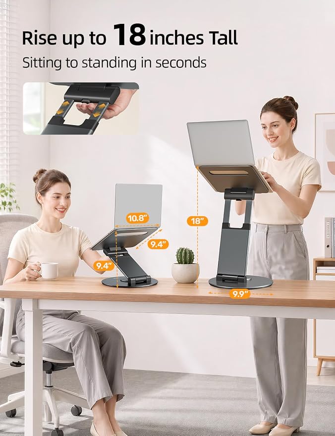 Nulaxy 18" Height Telescopic 360 Rotating Aluminum Laptop Stand Desk, Gray | Ergonomic Computer Holder Riser with Heat-Vent, Standing Desk Converter Holds 22 Lbs for Office Desk Use Fits 10-17" Laptops - Image 3