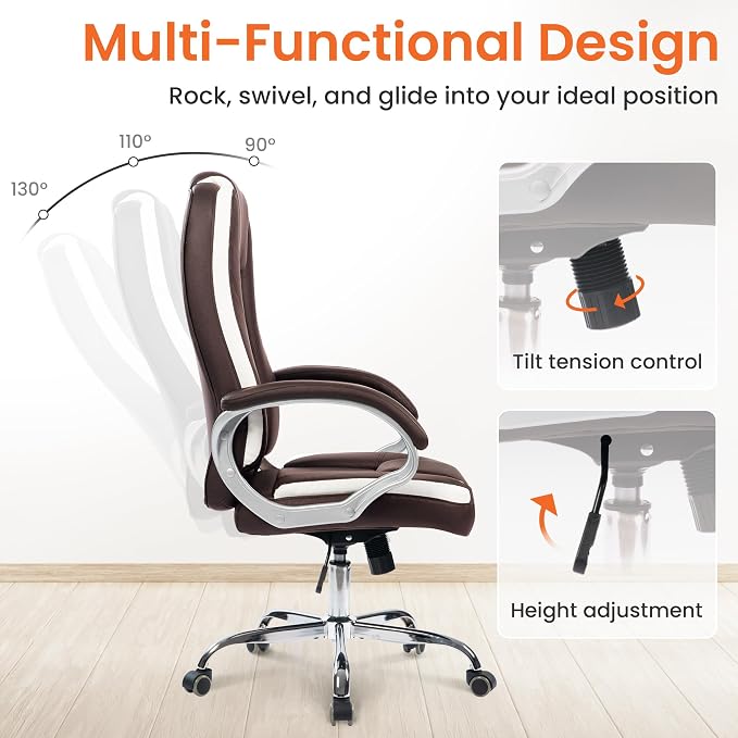 NEO CHAIR Office Desk Chair PU Leather Chair with Lumbar Support, Brown | Ergonomic High Back Executive Computer Chair, Comfortable Padded Fixed Armrests Swivel Chair with Wheels for Office/Home - Image 7