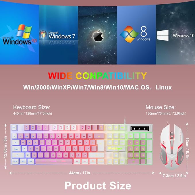 BlueFinger RGB Gaming Keyboard and Backlit Mouse Combo, USB Wired, LED Gaming Set for Laptop PC Computer Game and Work (White & Pink) - Image 7