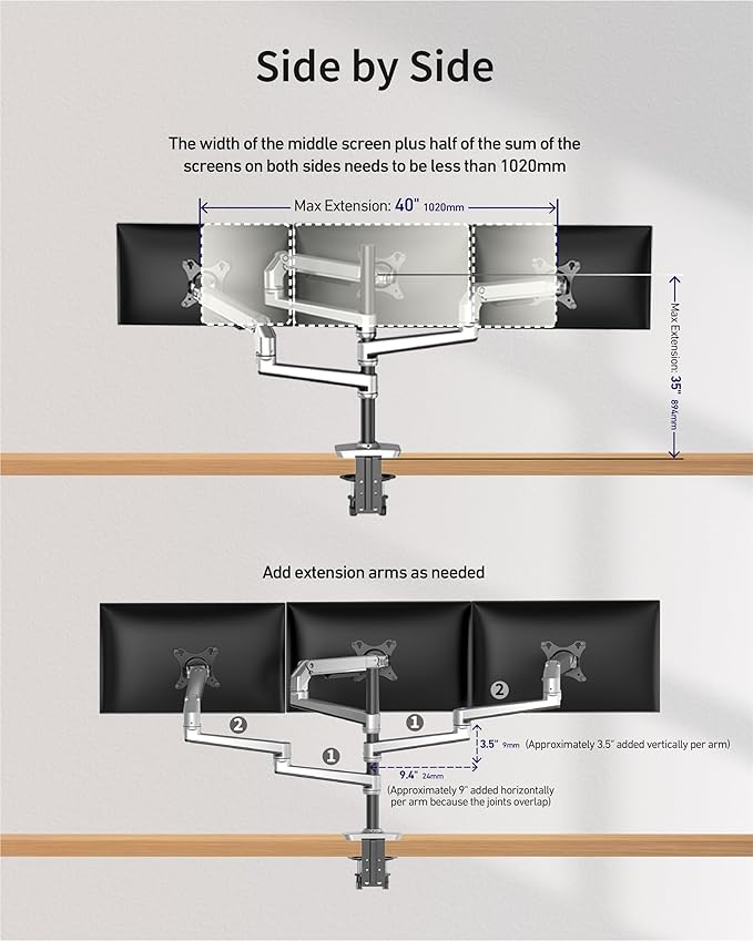 Ergounion Heavy Duty Triple Monitor Mount, Mechanical Spring 3 Monitor Arm for Ultrawide & Curved Screens, Fits Three 13-40 Inch Displays up to 25 lbs Per Arm, Premium Aluminum VESA Stand, Silver - Image 5