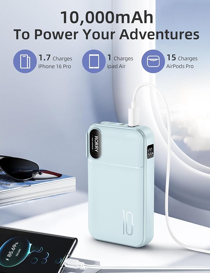 RORRY Portable Charger w/Wall Plug 10000mAh Power Bank 22.5W Battery Pack | Built in Cables, Fast Charging, for iPhone, iPad, Samsung Galaxy, Pixel, LG, Travel Essential, Digital Display, Pocket Size - Image 4