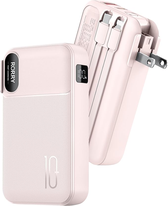 RORRY Portable Charger w/Wall Plug 10000mAh Power Bank 22.5W Battery Pack | Built in Cables, Fast Charging, for iPhone, iPad, Samsung Galaxy, Pixel, LG, Travel Essential, Digital Display, Pocket Size by RORRY