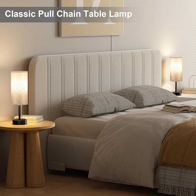 Grey Bedside Lamp for Bedroom Nightstand - Small Table Lamp Set of 2 | USB A+C Ports, 3 Color Temperatures, LED Bulb Included, Grey Fabric Shade, Black Base, 14" Tall Pull Chain Desk Lamp, 2-Pack - Image 2