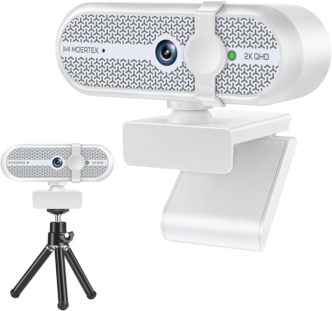 2K Webcam for PC, Webcam with Microphone and Tripod, Auto Light Correction, USB Camera Plug and Play, 90° Wide FOV, Privacy Cover, Works with Skype, Zoom, Meet, Teams, PC, Laptop, Mac, Tablet by MOERTEK