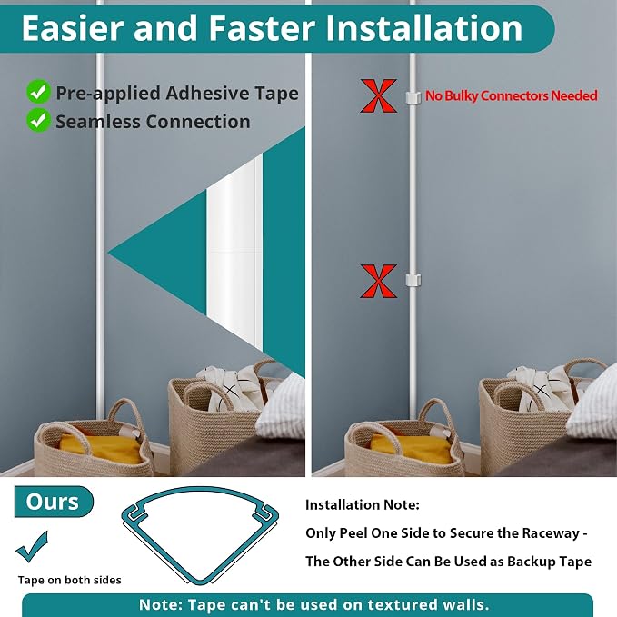 ZhiYo 85in Corner Cable Hider for 1 Cord, Hide Wires on Wall Corner, Black | Self-Adhesive Cable Concealer, 6 Pack (14.2" Each), Quarter Round Cable Management Raceway for Baseboards & Ceiling Corners - Image 4