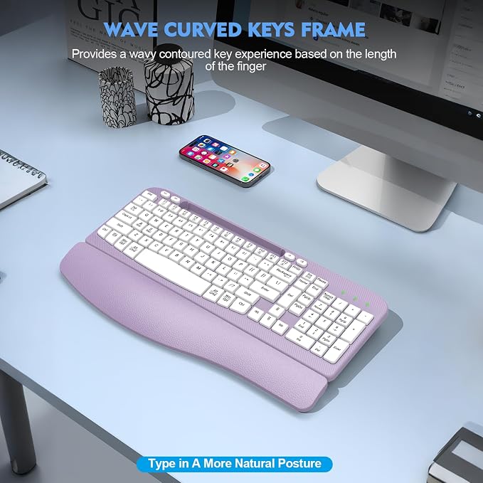 EAYBLLY 2.4G Wireless Ergonomic Keyboard, Full Size Wave Keys with Memory Foam Wrist Rest & 7.28in Phone Holder, USB-C Adapter Included for Windows Mac Chrome OS, Office or Home (Purple) - Image 5