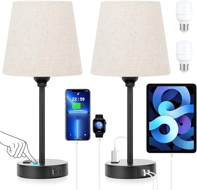 Bedside Table Lamps Set 2 for Bedroom - Dimmable Touch, USB C+A, AC Outlet | 14.5" Mini Lamp, 3-Way Dimmable, LED Bulbs Included, Trapezoid Barrel Fabric Lampshade, Nightstand Light for Guest Room, Kids - Image 9