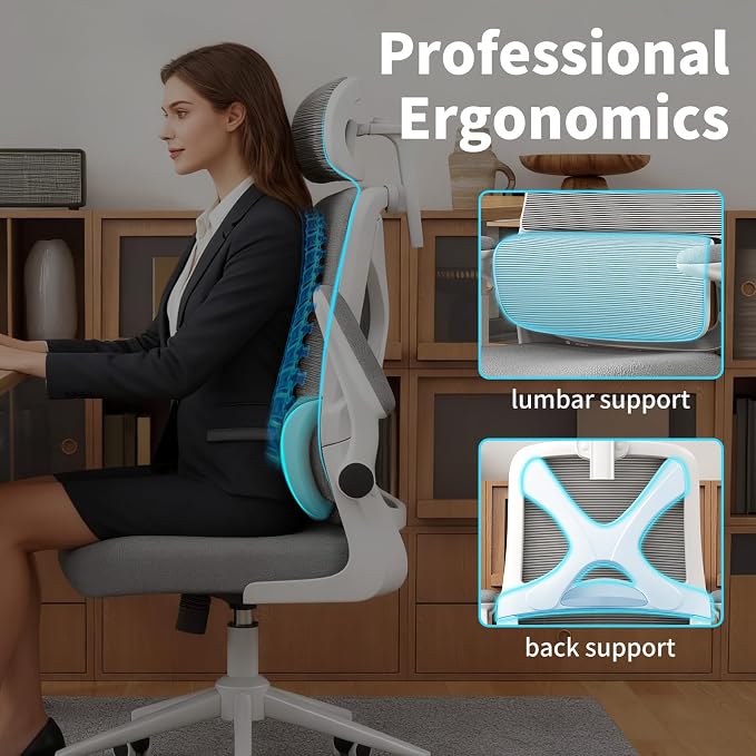 Ergonomic Office Chair - Desk Chair with Adjustable Headrest Lumbar Support Computer Chair - Mesh Comfy Chair with Flip-up Armrests - Gaming Chairs for Adults Home Office (White+Gray) - Image 5