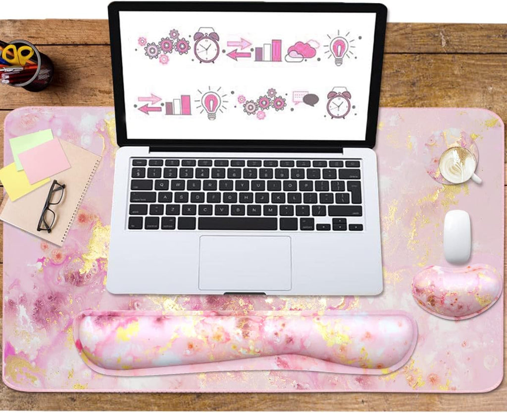 Large Mouse Pad and Keyboard Wrist Rest, Desk Pad for Keyboard and Mouse, 4-in-1 Large Gaming Mouse Pad with Wrist Support, Non-Slip Desk Mat for Home Office Study Game-Pink Gold Marble - Image 6