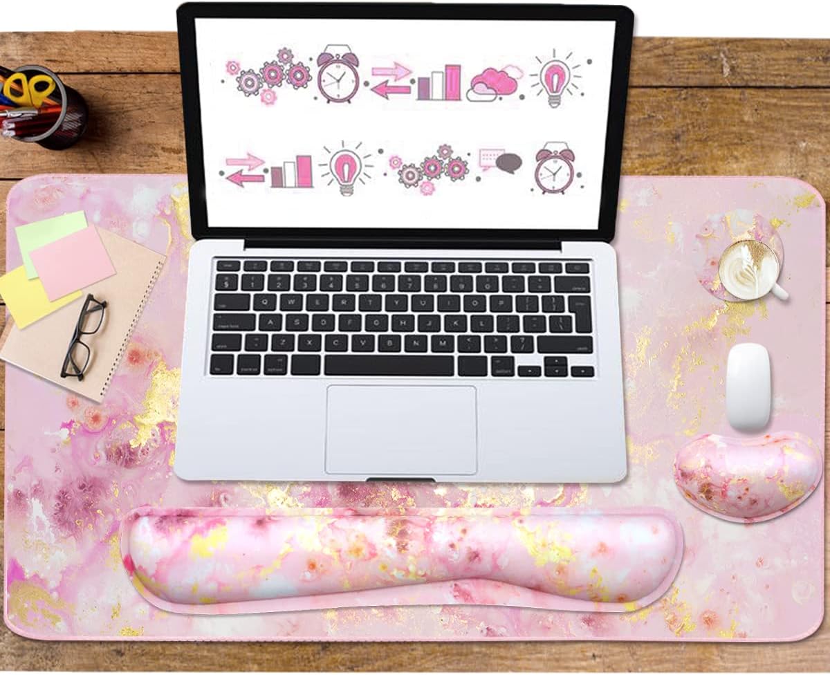 Large Mouse Pad and Keyboard Wrist Rest, Desk Pad for Keyboard and Mouse, 4-in-1 Large Gaming Mouse Pad with Wrist Support, Non-Slip Desk Mat for Home Office Study Game-Pink Gold Marble - Image 6