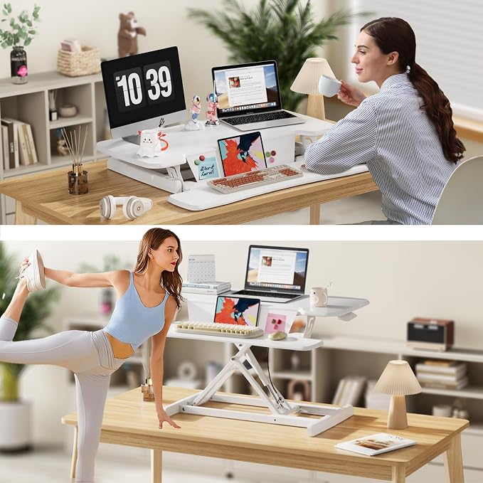 JOY worker Standing Desk Converter, 35" Height Adjustable Desk Riser, White | Sit Stand Up Desktop Riser with Keyboard Tray & 6 Fridge Magnets, Converter Workstation for Home Office Dual Computer Laptop - Image 8