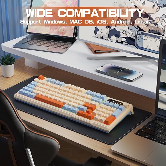 LexonElec M96 Wireless Gaming Keyboard,Knob Control Bluetooth/2.4G Wireless Mechanical Feeling Keyboard,RGB LED Backlit with Display Screen, PBT Keycap, 3000mAh, 94-Key Layout for Win/Mac (Blueberry) - Image 9