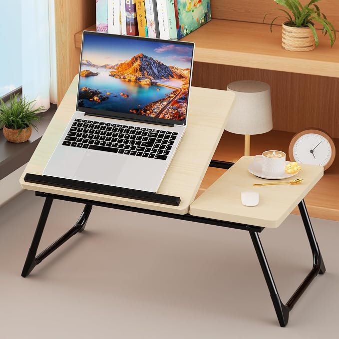 Laptop Bed Desk, 5-Angle Adjustable Bed Laptop Table with Cup Holder | Foldable Laptop Stand for Couch & Sofa, Portable Laptop Tray for Adults Writing Reading Eating, Beige by Unknown
