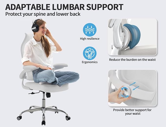 TRALT Office Chair Ergonomic Desk Chair - Gaming Chair with Lumbar Support | 330 LBS Home Office Desk Chairs , Reading Chair with Flip-up Armrests, Comfortable Computer Chairs (1, White) - Image 4