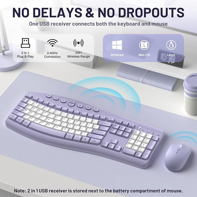 Wireless Keyboard and Mouse Combo Silent Ergonomic Curved Design for Office - Image 2