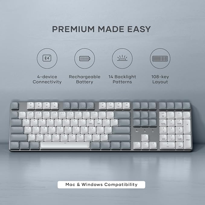 Satechi SM3 Mechanical Keyboard, White LED Backlit, Light Gray/White | 108 Keys Full Size, Wired and Bluetooth, for Mac and Windows - Image 2