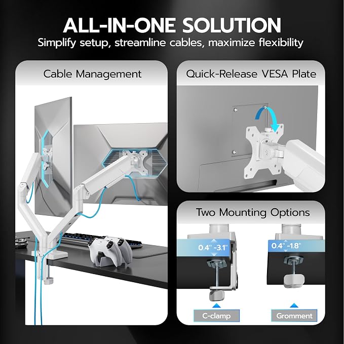 ARES WING Dual Monitor Mount with USB for 2 Monitors for 17-35 inch, White | Heavy Duty Monitor Arms for 2 Monitors, Fully Adjustable Monitor Desk Stand for Ultrawide Screen, VESA 75x75 or 100x100mm - Image 4