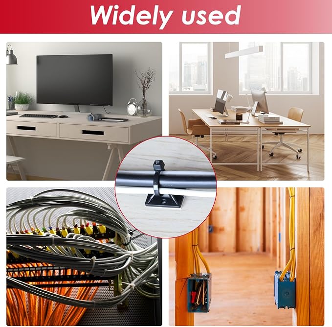 smseace 360Pcs Strong Back-Glue Self Adhesive Black Cable Zip Tie Mounts Kit with 6inch Zip Ties and Screws, UV Protection Outdoor Sticky Wire Fasteners Cable Clips Management - Image 5