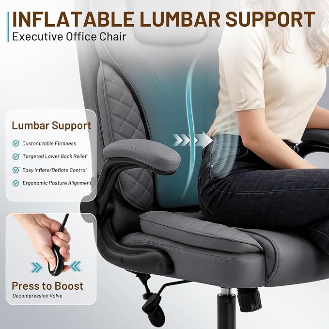 Ergonomic Office Chair, PU Leather High Back Executive Chair with Adjustable Inflatable Lumbar Support and Padded Flip-Up Arms, Recline Swivel Task Computer Chair for Home Office, Gray - Image 5