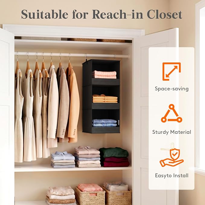 Lifewit RV Storage and Organization, Hanging Closet Shelves | 3 Shelf Front Anti-Slip Closet Organizers and Storage with 2 Sturdy Hooks, Vertical, Foldable, for Camper, Black 1 Pack - Image 4