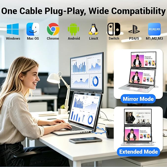 Laptop Screen Extender, 15.6" Ultra-Light & Thin Dual Monitor Extender with 1080P FHD IPS, Eye Care & Neck-Friendly, USB-C/HDMI Plug-Play Portable Monitor for Mac/Win/Android, Fits 13-17" Laptops - Image 5