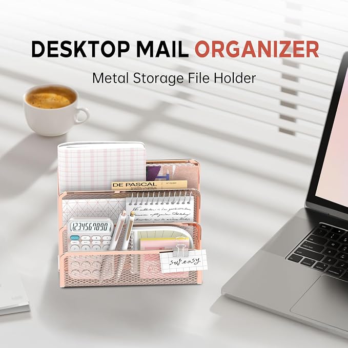 Mail Organizer Countertop for Desk, Mail File Holder with 3-Slot, Rose Gold | Metal Mesh Mail Sorter for Letters, Envelopes, Bills, and Files for Home Offices, Classroom Organization - Image 2