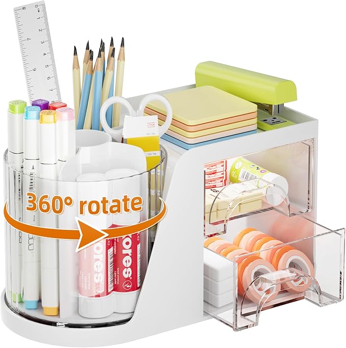 Marbrasse Desk Organizer with 2 Drawer, 360°Rotating Pen Holder, Desk Organizers and Accessories with 6 Slots Pencil Organizer + 2 Drawer, Art Supply Storage Box Caddy for Office (White) by Marbrasse