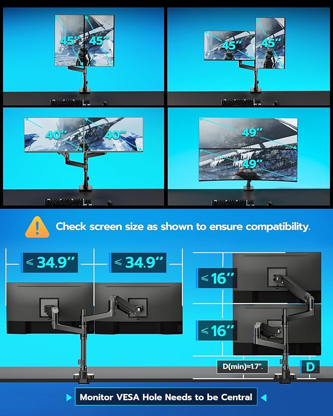 ARES WING Stack Dual Ultrawide Monitor Mount with USB A/C for 17 to 49 Inch | Pro Gas Spring, Aluminum Material, Flexible Screen Layouts, for 75/100 Vesa Mount, Hold 44 Lbs Each Arm, for Samsung Monitor - Image 4