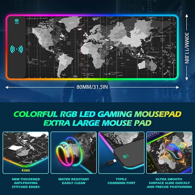 ToLuLu RGB Gaming Wireless Charging Mouse Pad, 5/7.5/10/15W LED Mouse Pad | 10 Light Modes Computer Keyboard Mat Mousepad, 800x300x4MM Extended Large Desk Mat for Gaming, MacBook, Laptop, PC, World Map - Image 8
