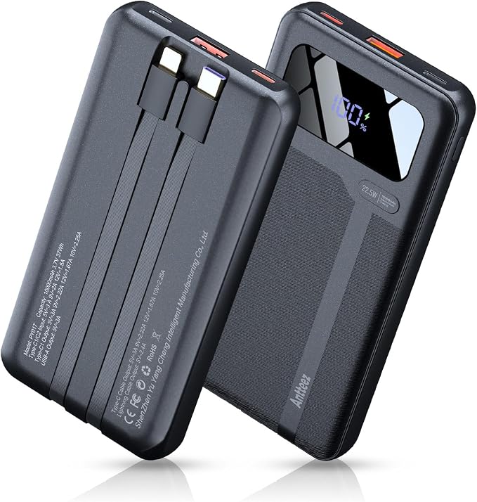 Antteez Portable Charger 10,000mAh, Power Bank Fast Charging with Built-in Cables, 22.5W USB C Travel Battery Pack, LED Display & 4 Outputs, Compatible with iPhone, Samsung, iPad by Antteez