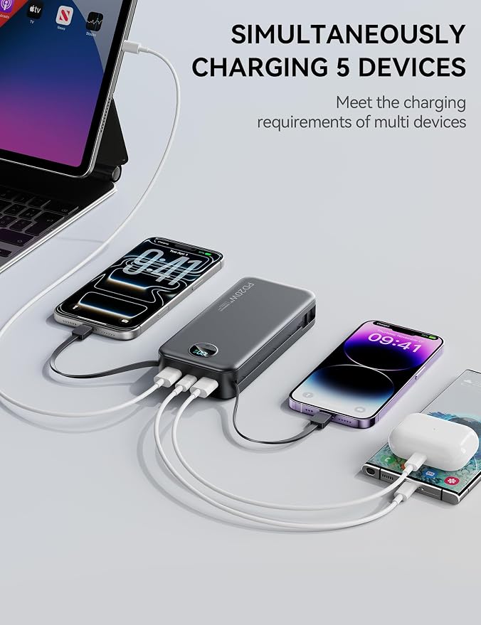 Nusyddy Portable Charger 20000mAh Fast Charging w/Built-in Wall Plug Black | PD20W Fast Charging, High Capacity, LED Display, Charge 5 Devices at once, TSA Approved, Compatible with iPhone/Samsung - Image 6