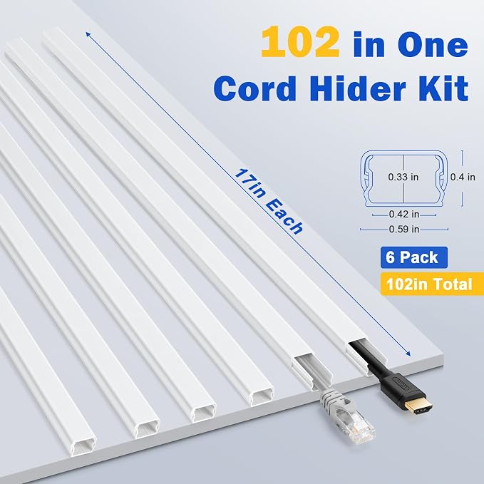 ZhiYo 102" White Cord Cover for 1 Wire, Small Size, 0.59" W x 0.4" H | Fits Up to 1 Thick Extension Cord, Self-Adhesive for Easy Install, Lightweight PVC Helps Stay Secure, Paintable Cord Hider - Image 7