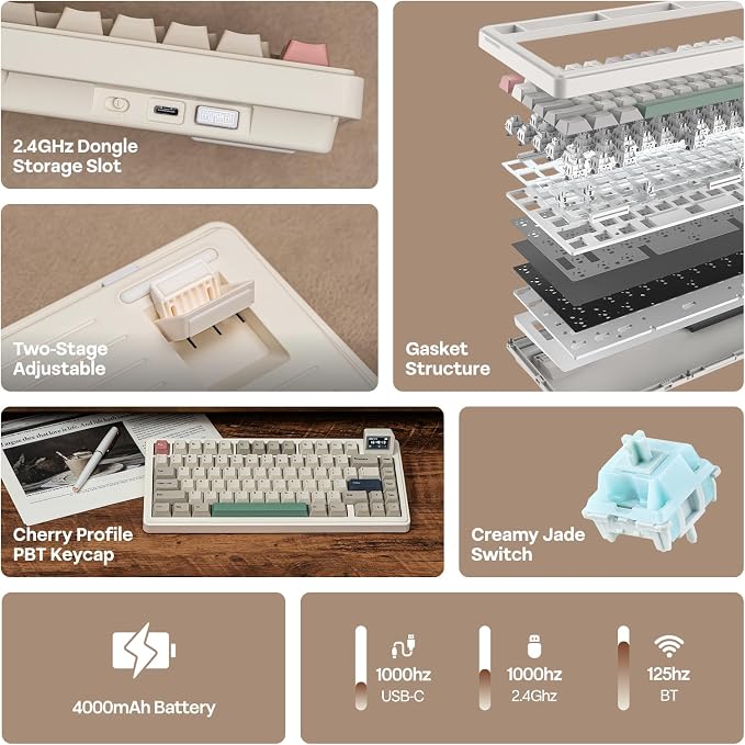 EPOMAKER RT82 Wireless Mechanical Keyboard with Screen, VIA Custom | 2.4GHz/USB-C/BT5.0, RGB Backlit, Gasket, 5-Paddings, PBT Keycaps, Hot-Swap Retro Gaming Keyboard (Creamy Jade) - Image 2