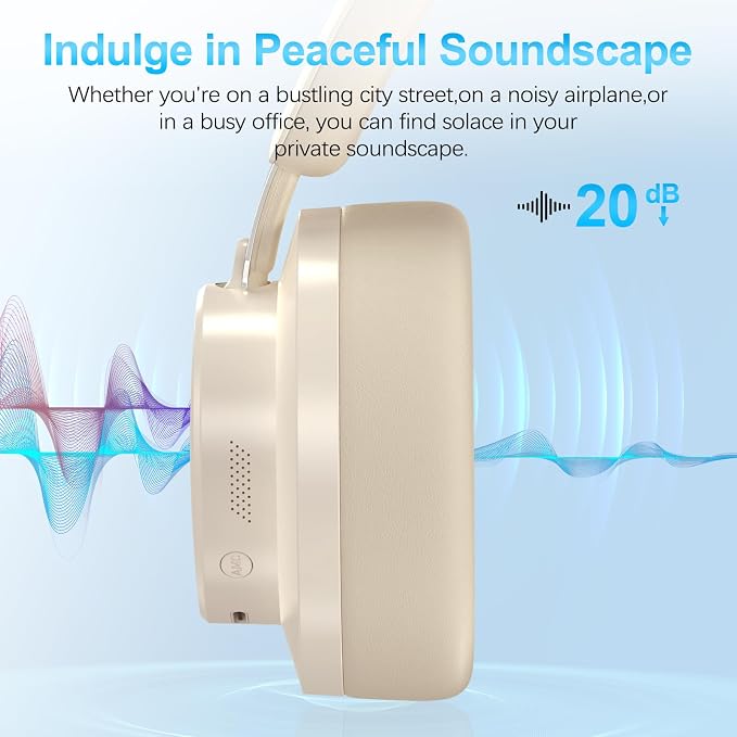 Noise Cancelling Headphones Wireless Bluetooth, Over Ear Headphones Bluetooth with Microphone, Cancelling Wireless Headphone Over Ear, 65h Playtime, Clear Calls, Comfort Fit For Travel (Beige) - Image 3