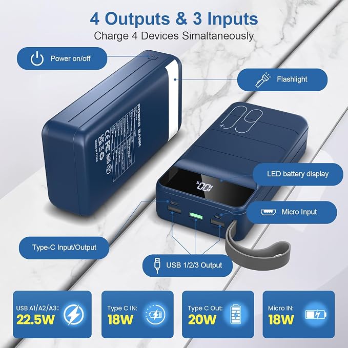 Portable Charger Power Bank 60000mAh Fast Charging 22.5W PD4.0 & QC 4.0 with USB C Battery Pack Charger Portable High Capacity Portable Phone Charger Power Bank for iPhone, Samsung, Travel (Blue) | USB C 22.5W Fast Charging, PD4.0 & QC 4.0, High Capaci... - Image 5
