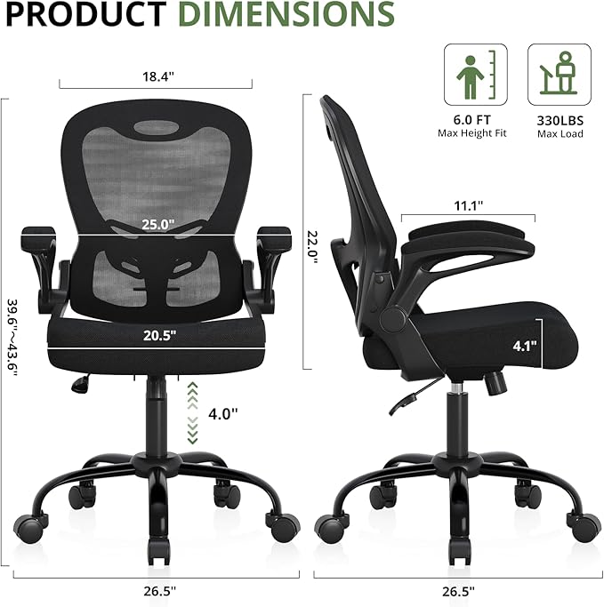 Office Chair 330 lbs Capacity, Ergonomic Breathable Mesh Desk Chair with Lumbar Support & Flip-Up Armrest, High Back Computer Chair for Home Office, Black - Image 2