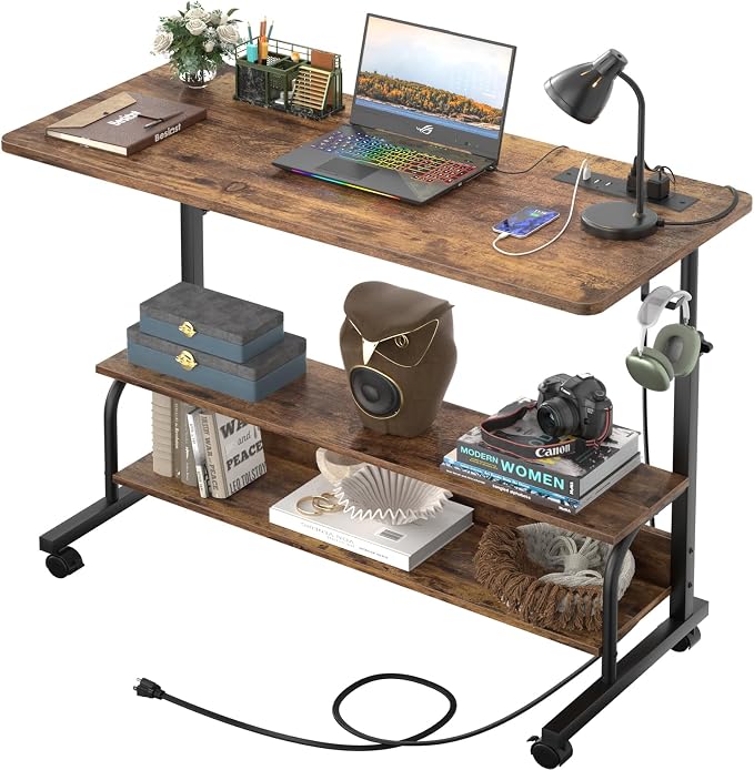 Besiost 39" Height Adjustable Standing Desk with Power Outlets - Manual Rolling Stand Up Desk with Wheels Small Portable Computer Desk Mobile Laptop Table with Storage Shelves for Home Office, Rustic by Besiost