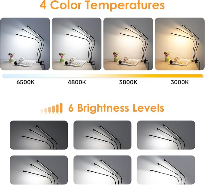 ShineTech 3-Head LED Desk Lamp with Clamp, Eye-Caring Clip on Lights | Ultra-Wide Lighting, 4 Color Modes, Stepless Brightness, Flexible Gooseneck, Memory Function & Auto-Off Time for Home Office - Image 5