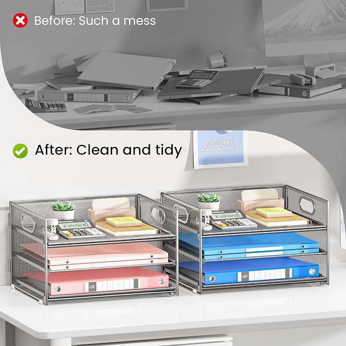 Subekyu 2-Pack 3-Tier Silver Metal Mesh Desk Paper Letter Tray & File Sorter Organizer with Handle + 1 Sliding Tray for Desk, Home, Office, School Supplies, A4 Paper and Accessories Storage - Image 2