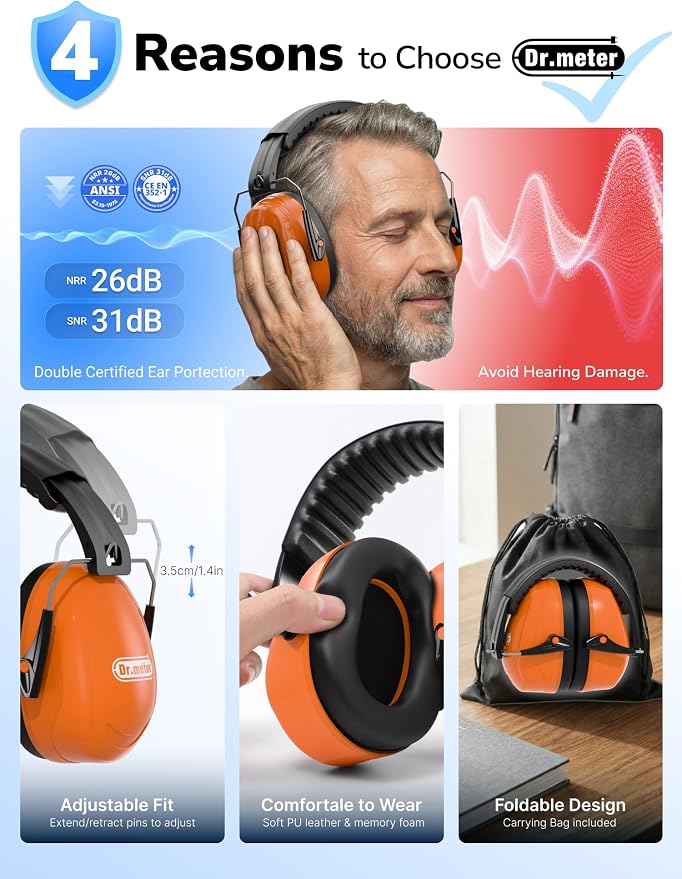 Dr.meter Noise Reduction Ear Muffs, Ear Protection Noise Cancelling Headphones for Adults, Kids Autism Sensory, 31dB Hearing Protection Earmuffs for Shooting Gun Range, Mowing, Fireworks, Orange - Image 5