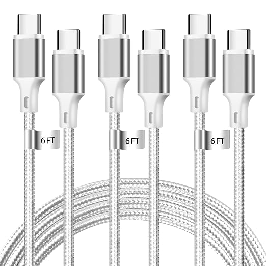 USB C to USB C Cable, 3 Pack 6ft Type C Fast Charger Cord (Silver) | Nylon Braided High-Speed Data Transfer Wire for iPhone 17/16/15 Plus/Pro Max iPad Air Ps5 Controller Samsung Galaxy by CUGUNU