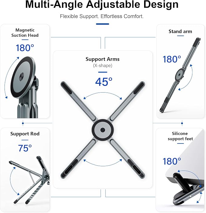 Portable Laptop Stand, 3-in-1 Magnetic Foldable Adjustable, for Desk（Gray） | Aluminum alloy, lightweight compact, 8-level height, ergonomic, for phone/tablet, home office/travel - Image 7
