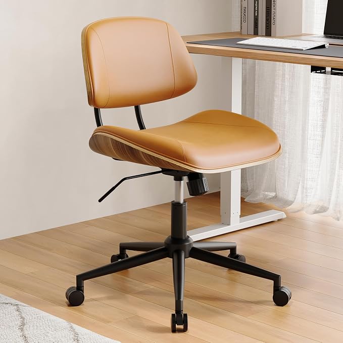 Armless Office Chair Set of 2, Adjustable Height Desk Chair, Brown | 360° Swivel Ergonomic Computer Chair for Small Space, PU leather seat, Modern Walnut Style, Home Office & Meeting Room - Image 8