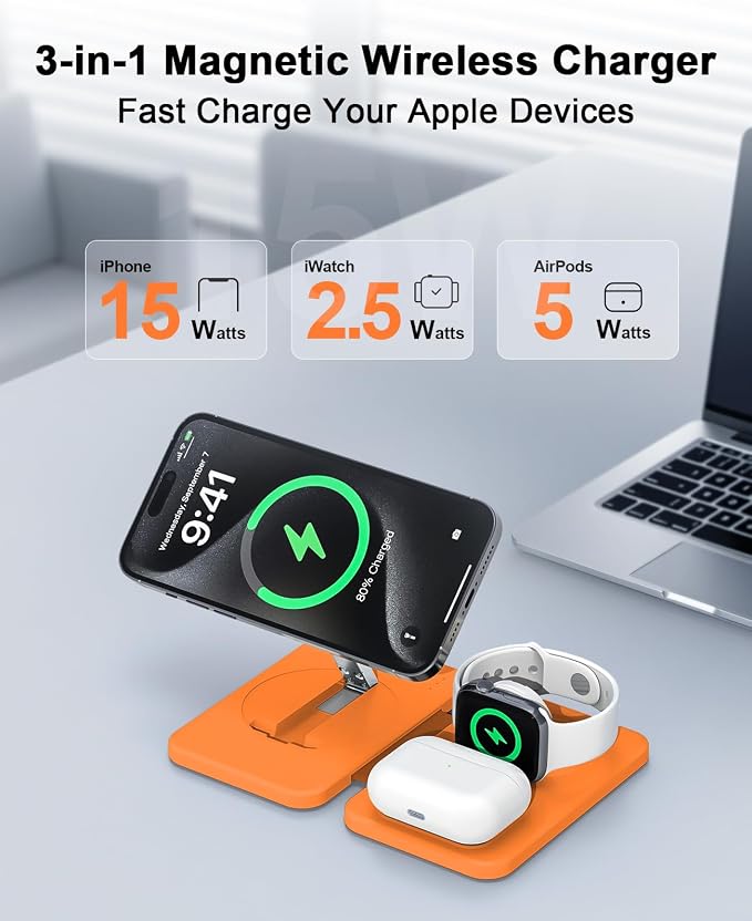 3 in 1 Magnetic Wireless Charger for Apple Multiple Devices, Foldable Fast Charging Station - Magsafe Charger Stand, Travel Charger Pad for iPhone 17 16 15 14 13 12 Series/Apple Watch/AirPods Orange | Magsafe Charger Stand for Multiple Devices, Travel ... - Image 3