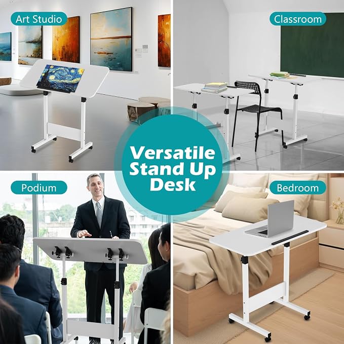 Tiltable Foldable Standing Desk Adjustable Height, Portable Computer Desk with Wheels, Mobile Sit Stand Small Rolling Laptop Table for Walking Pad, Bike Trainer, White - Image 7