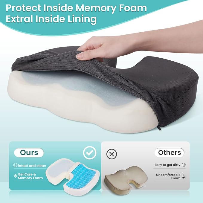 Gel Seat Cushion, Enhanced Memory Foam Cushion for Tailbone Pain, Gray | Cooling Gel for Office Chair, U-shaped Design Chair Cushion for Gaming, Car, Wheelchair, Non-Slip Base, Washable Cover - Image 4
