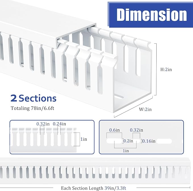 ZhiYo 2" H x 2" W Cable Raceway, Under Desk Wire Management Channel White | Slotted Wire Duct, 2 Pack(3.3ft Each), Heavy-Duty PVC Cable Management for Server Racks, Network Cables & Electrical Cabinets - Image 2
