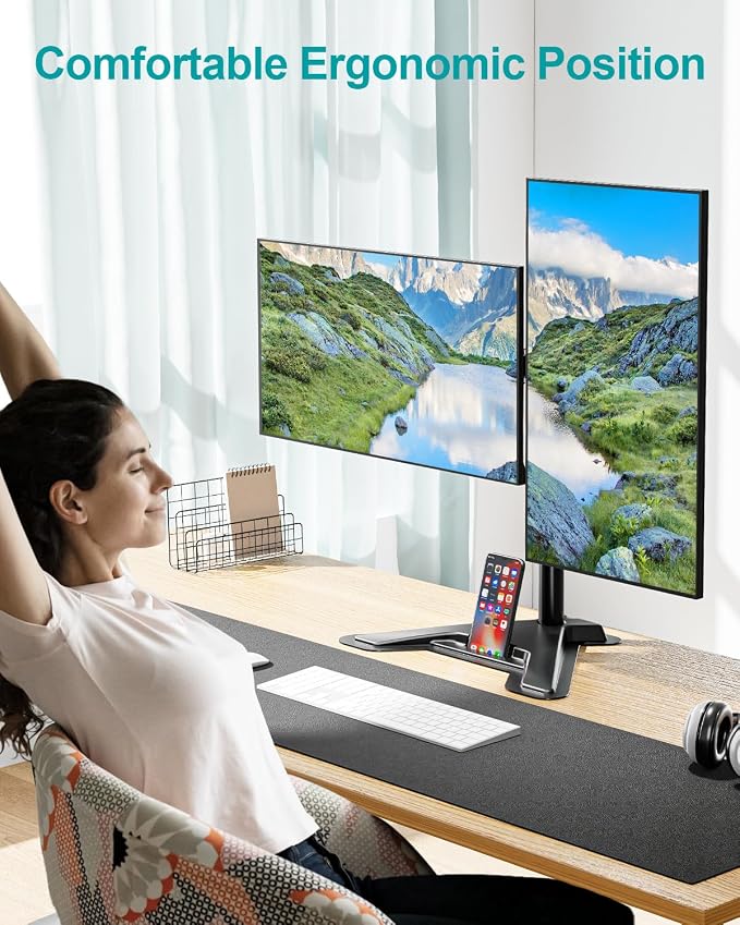 MOUNT PRO Dual Monitor Stand, Free-Standing Full Motion Monitor Desk Mount Fits 2 Screens up to 27 inches,17.6lbs with Height Adjustable, Swivel, Tilt, Rotation, VESA 75x75 100x100, Black - Image 6