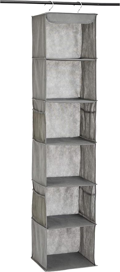 Amazon Basics 6-Tier Hanging Closet Shelf Organizer with Pockets, Clothes Storage for Sweaters and Clothing,8" Dx12 W x 9" L x 8.5" H, Grey (Pack of 10) by AmazonBasics