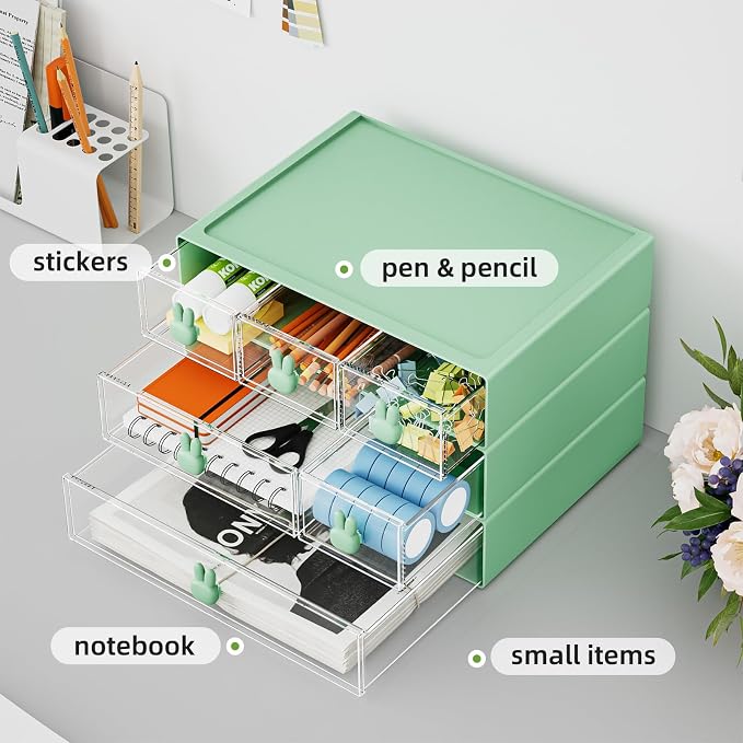 Marbrasse Desk Organizer with 6 Drawers, 3 Tier Stackable Storage Drawers Plastic Makeup Storage, Office Organizers and Storage, Desk Storage Box for Office, School, Home Green - Image 4